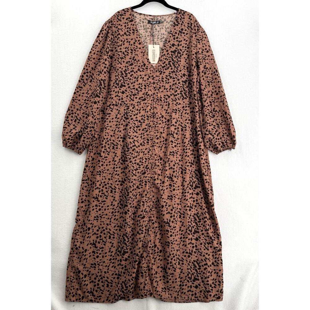Missguided Plus Leopard Print Midi Dress Womens US 20 Brown Black Long Sleeve NW